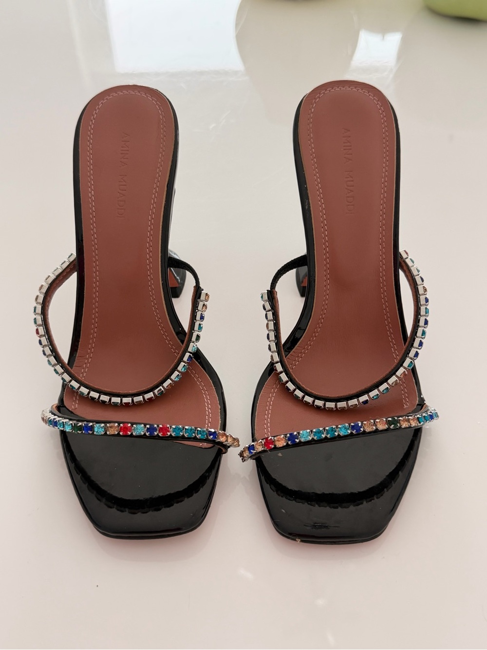 Amina Muaddi Black Patent Slide Mules with Multicolor Crystal Straps